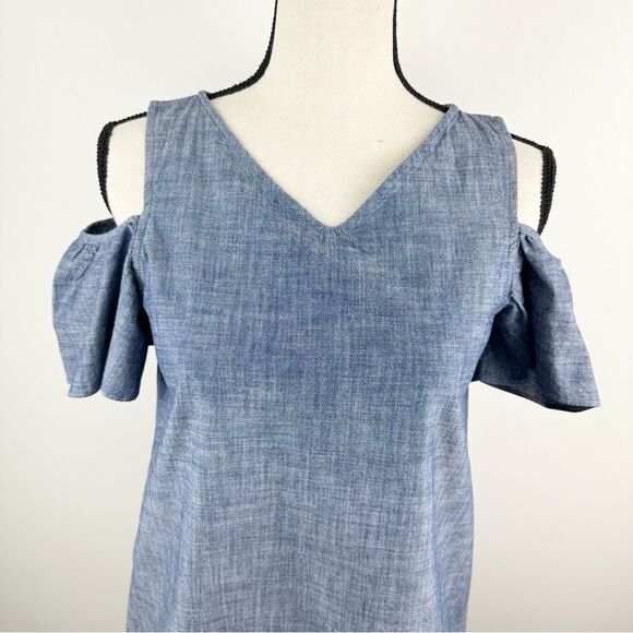 Land's End Cold Shoulder Chambray Dress With V-Neck & Short Sleeves Size 14 - Picture 4 of 14